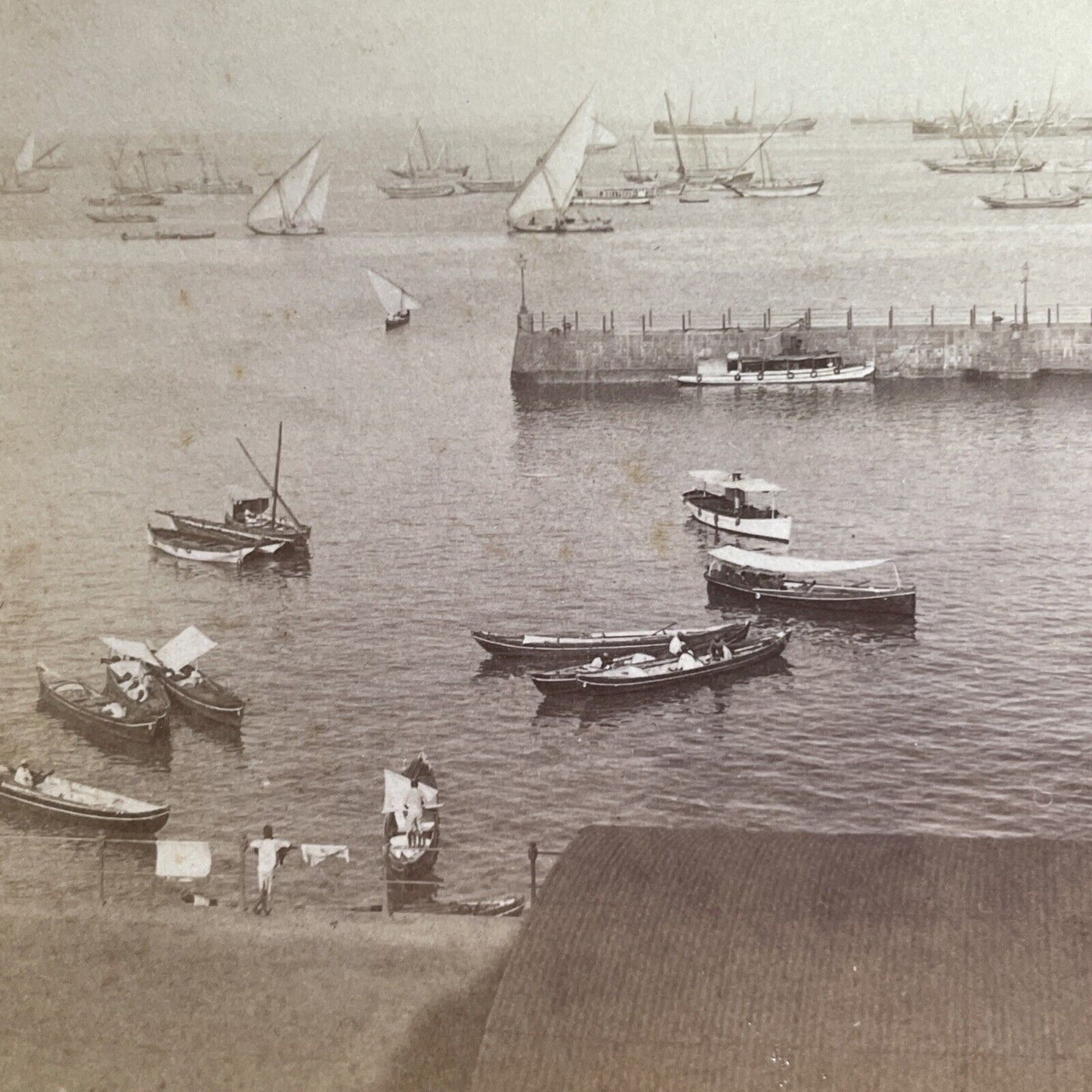 Antique 1903 Boats In Harbor Bombay India Stereoview Photo Card P1421