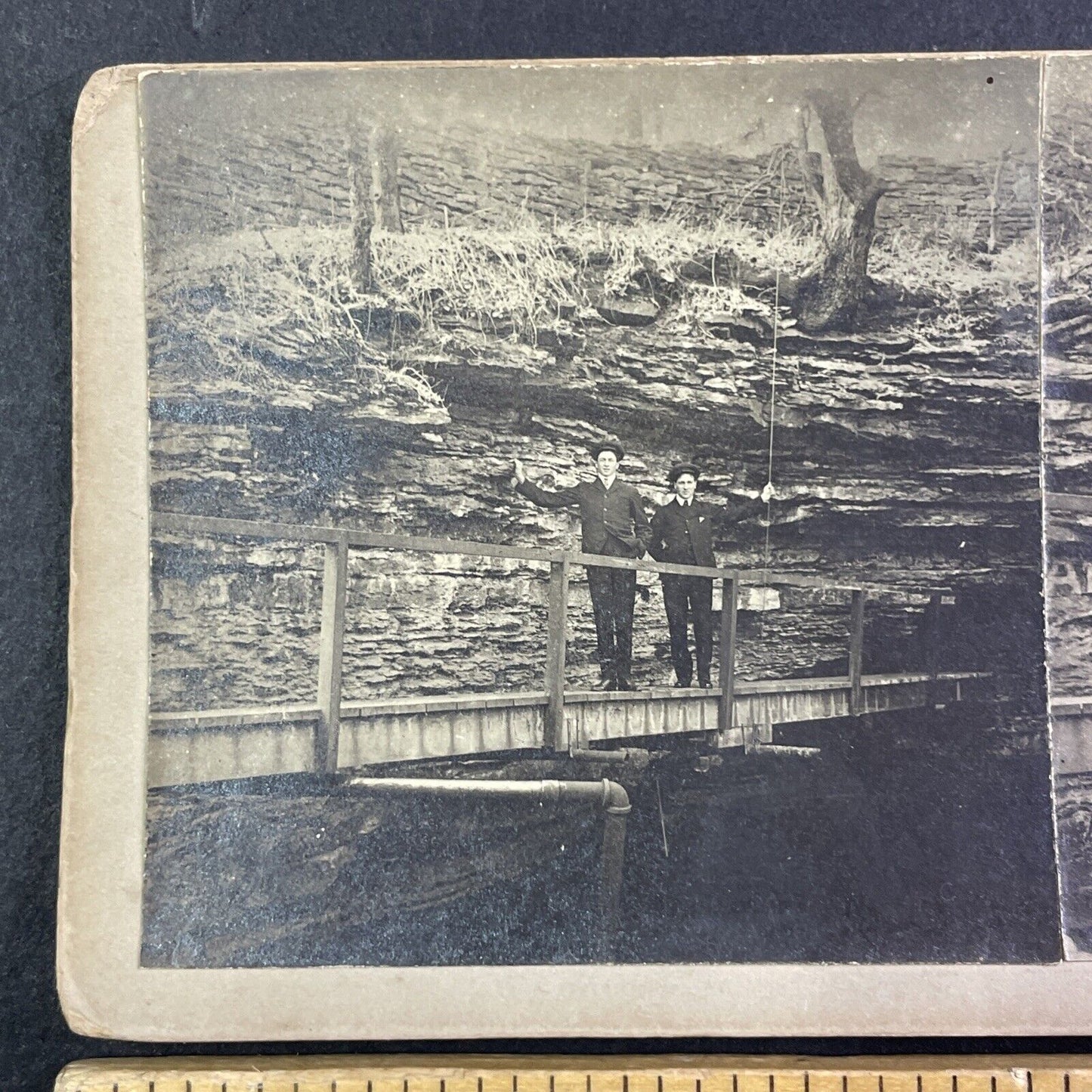 Men Standing in Watkins Glen Gorge Stereoview New York Antique c1890 X3893