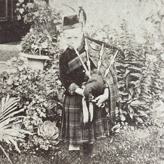 Antique 1870s Little Scottish Boy Plays Bagpipes Stereoview Photo Card P4819