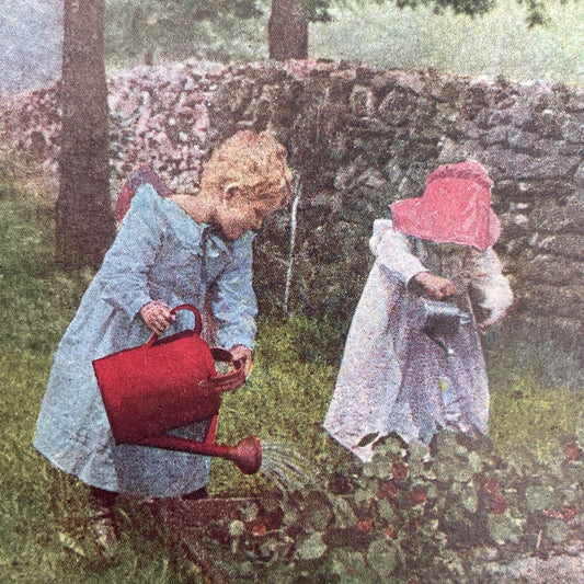 Antique 1898 Children Gardening Watering Flowers Stereoview Photo Card P580-013