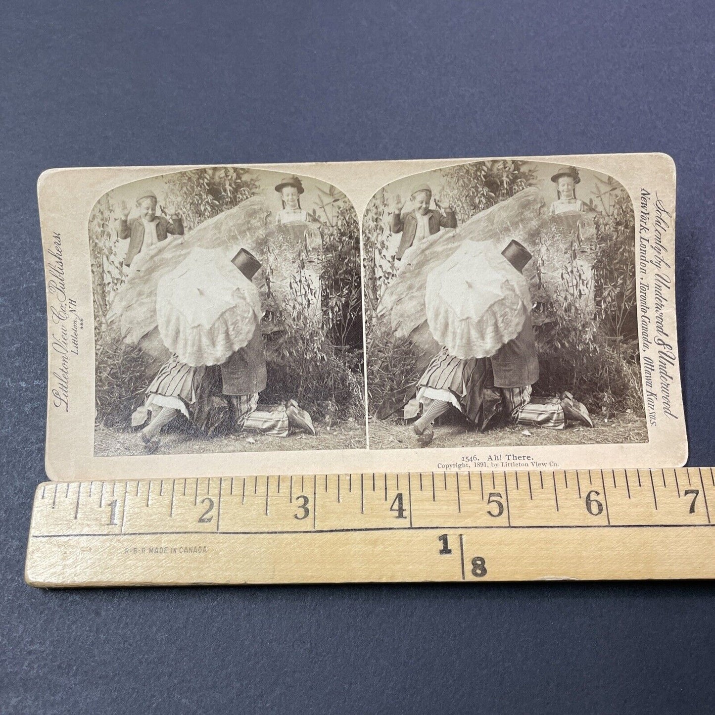 Antique 1891 Children Playing Behind A Rock Stereoview Photo Card V3302