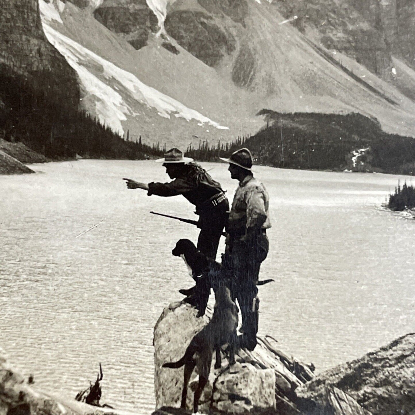 Antique 1910s Hunters Near Moraine Lake Lodge Alberta Stereoview Photo Card 3193