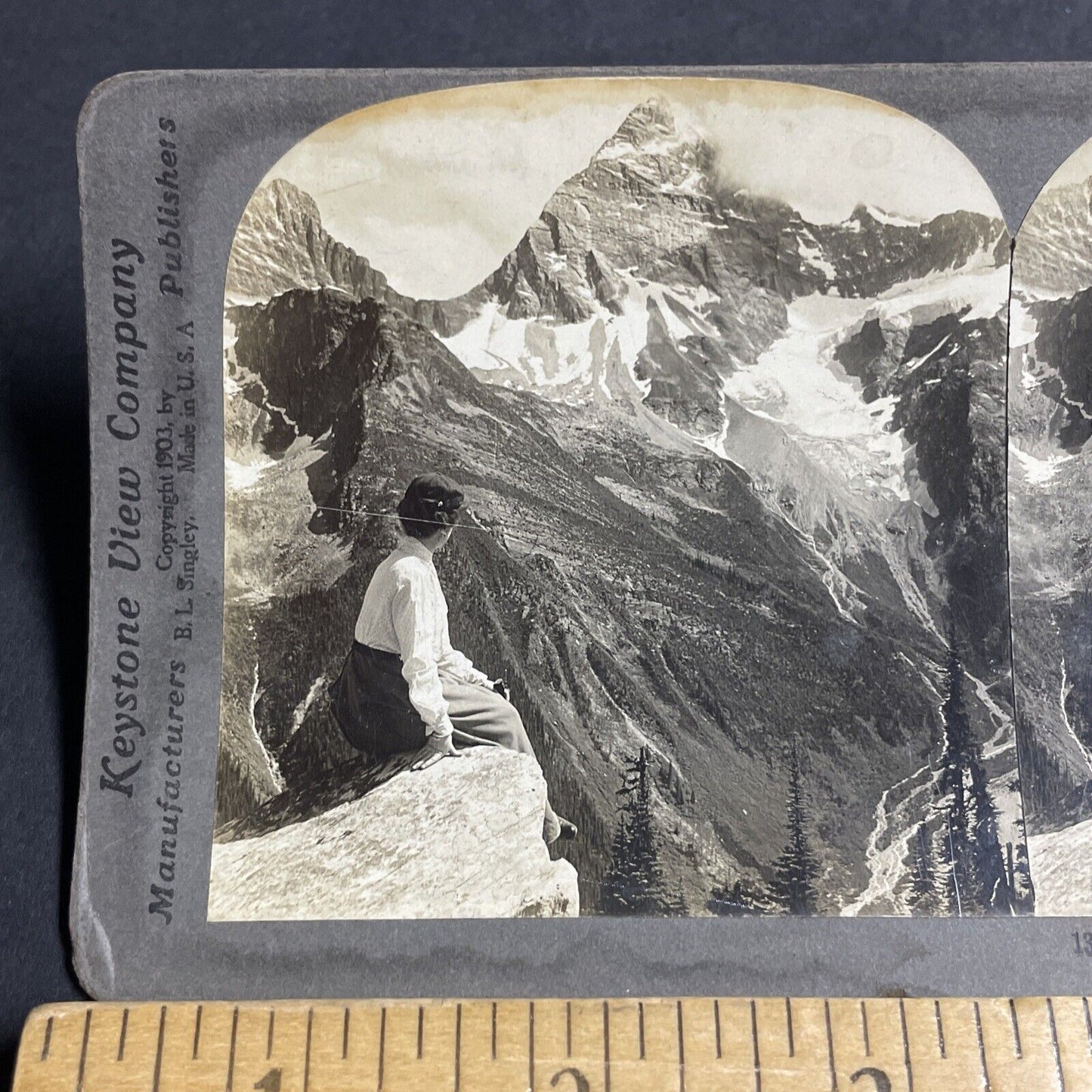 Antique 1903 Woman Sits On Cliff Edge BC Canada Stereoview Photo Card P4822