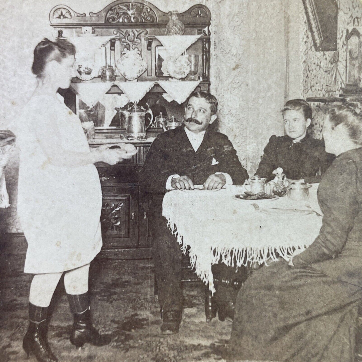 Antique 1892 Woman Serves Dinner In Her Underwear Stereoview Photo Card P3339