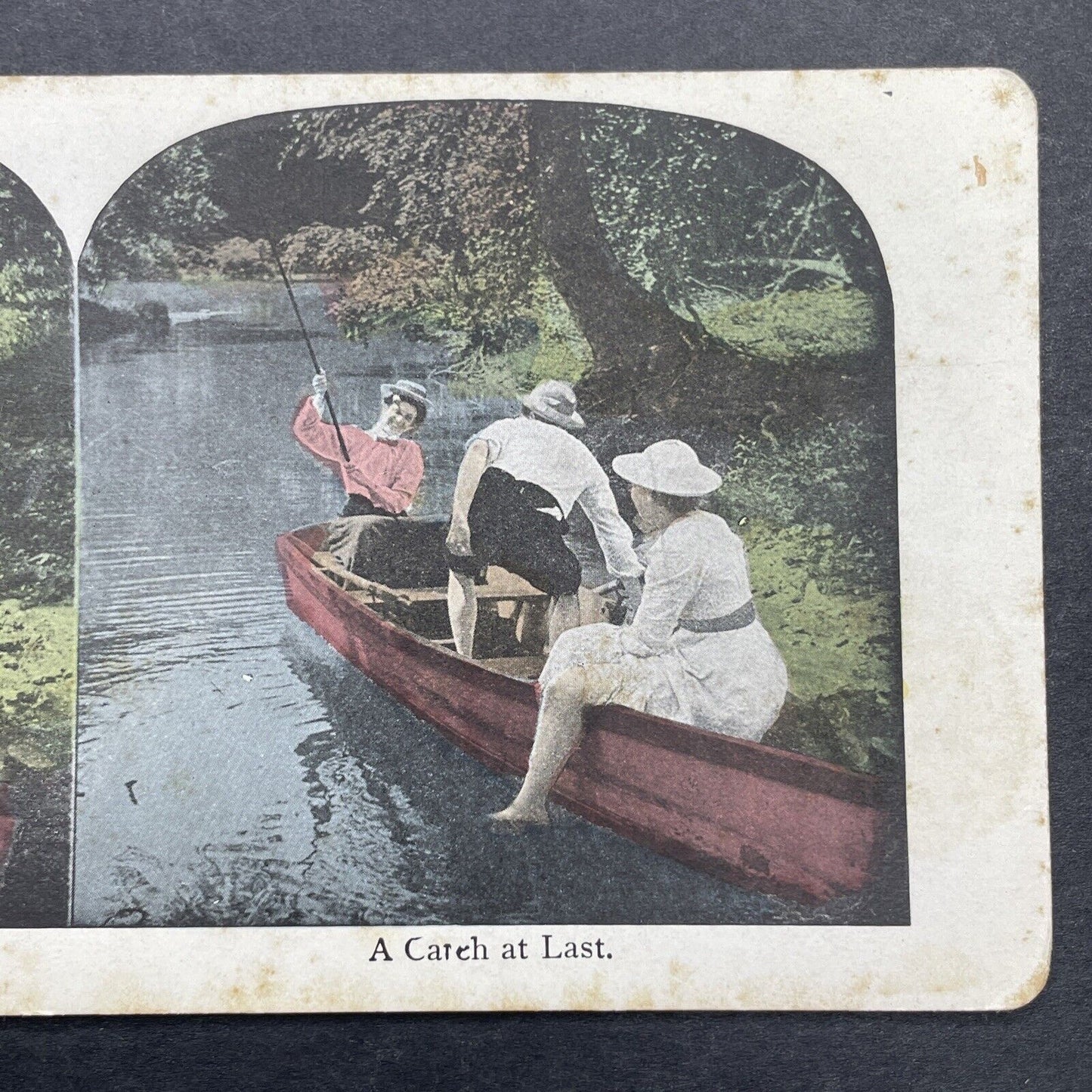 Antique 1890s Woman Hooks Man's Rear End Fishing Stereoview Photo Card P1138