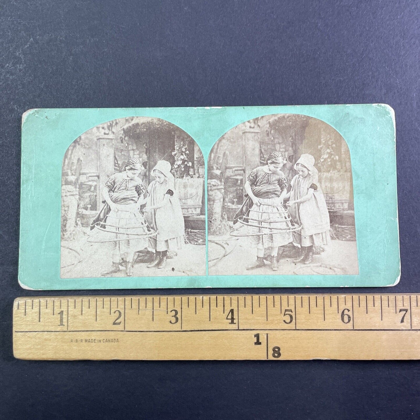 Girls Repair A Dress Crinoline Stereoview London England Antique c1855 X3658