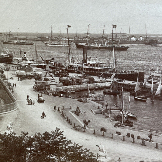 Antique 1897 Merchant Ships Copenhagen Denmark Stereoview Photo Card V514