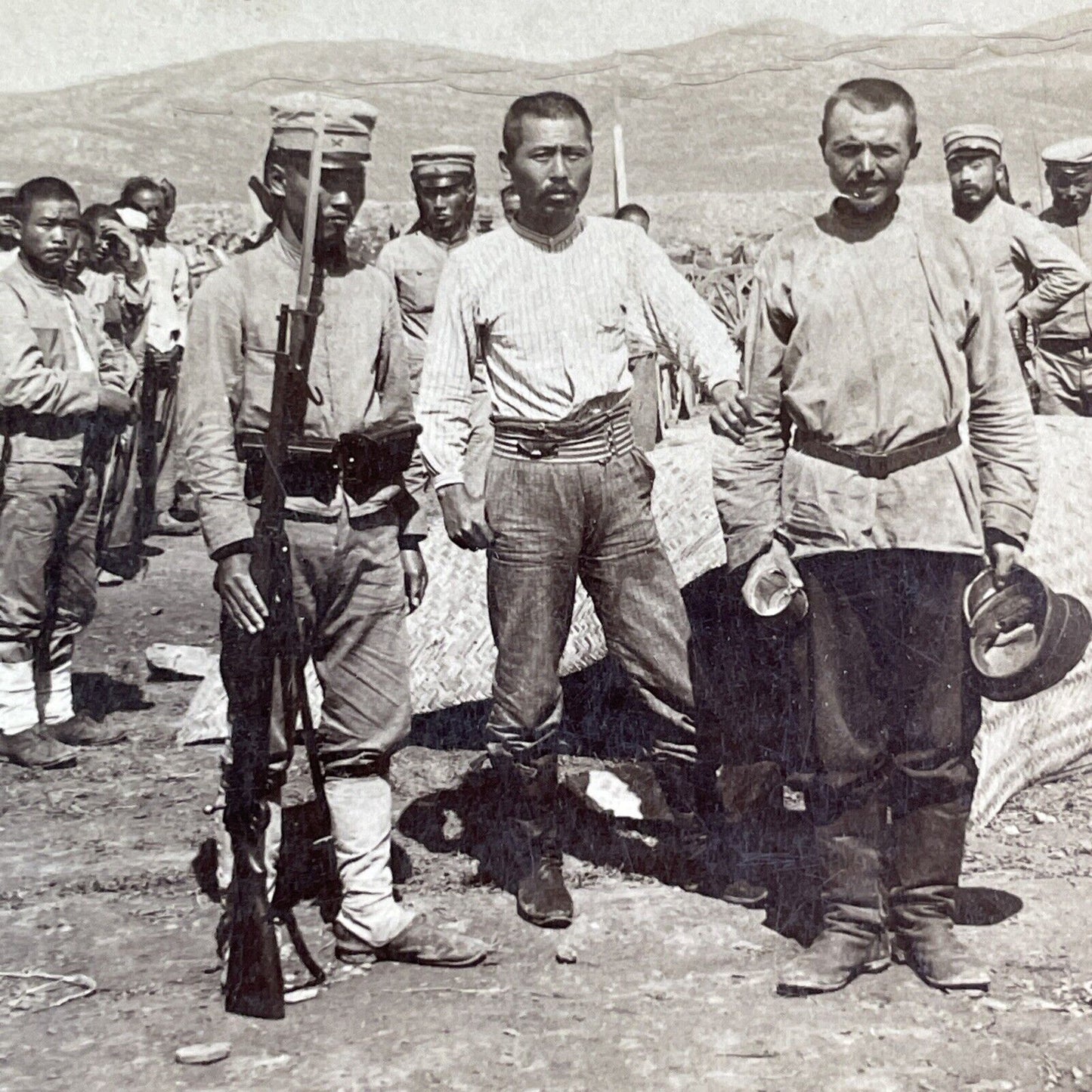 Russian Prisoner Awaits Field Trial Stereoview Russo-Sino War Antique 1905 X4190