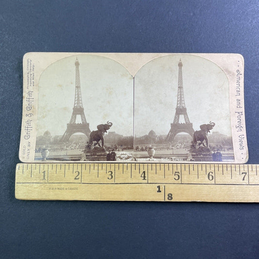 Eiffel Tower And Elephant Statue Stereoview Griffith Antique c1898 X1513