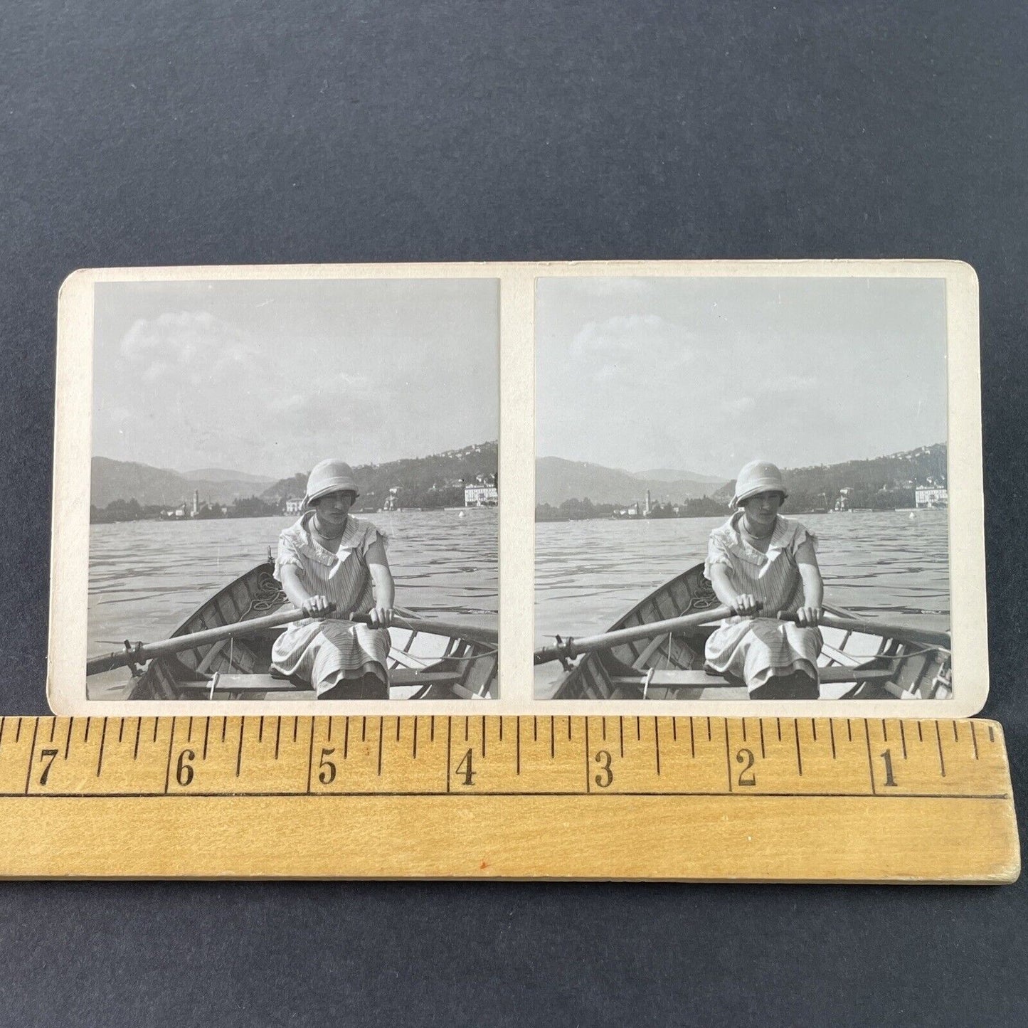 Antique 1925 Wealthy American Woman Row Boat OOAK Stereoview Photo Card P3231