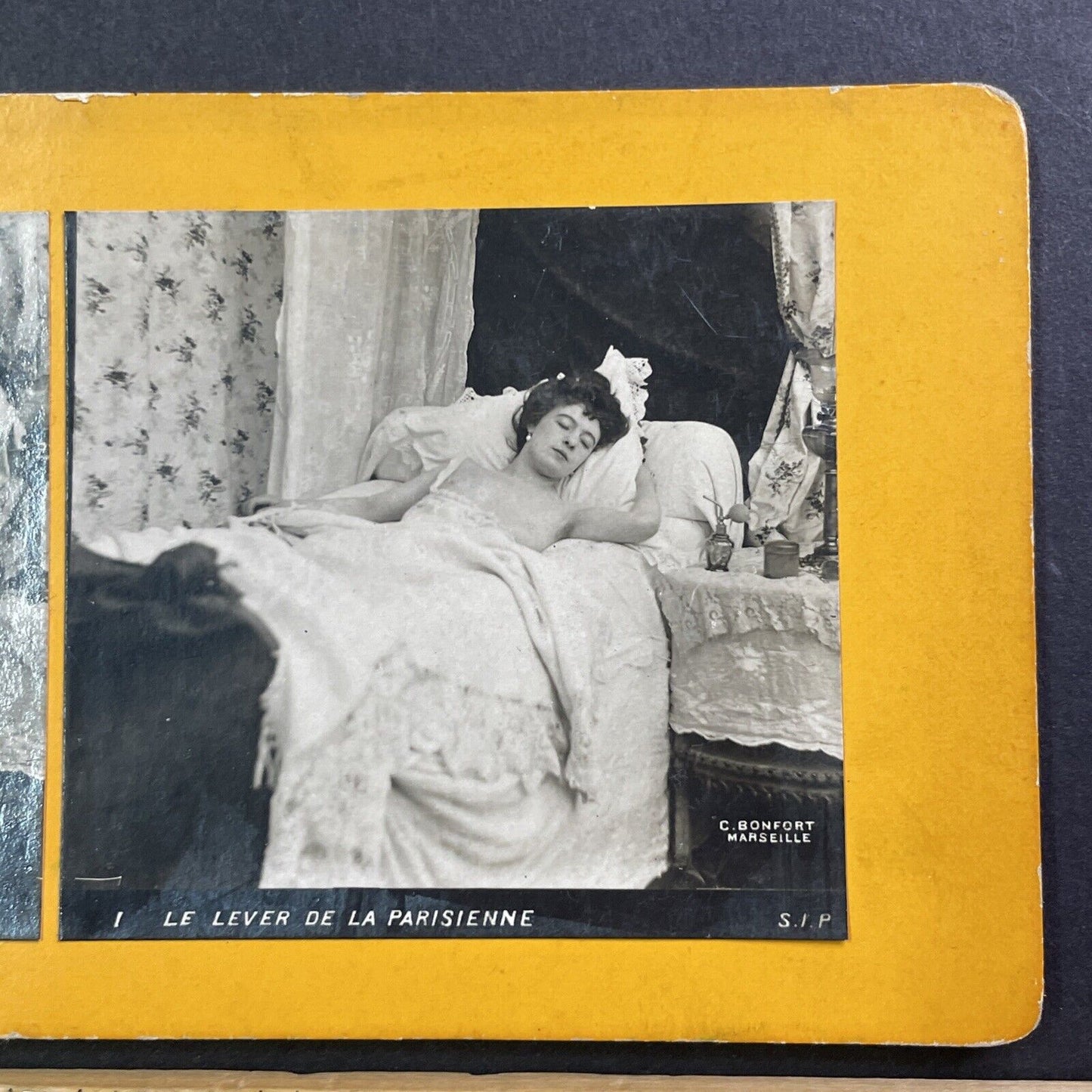 Nude French Woman Sleeping in Bed Stereoview C. Bonfort Antique c1899 Y021
