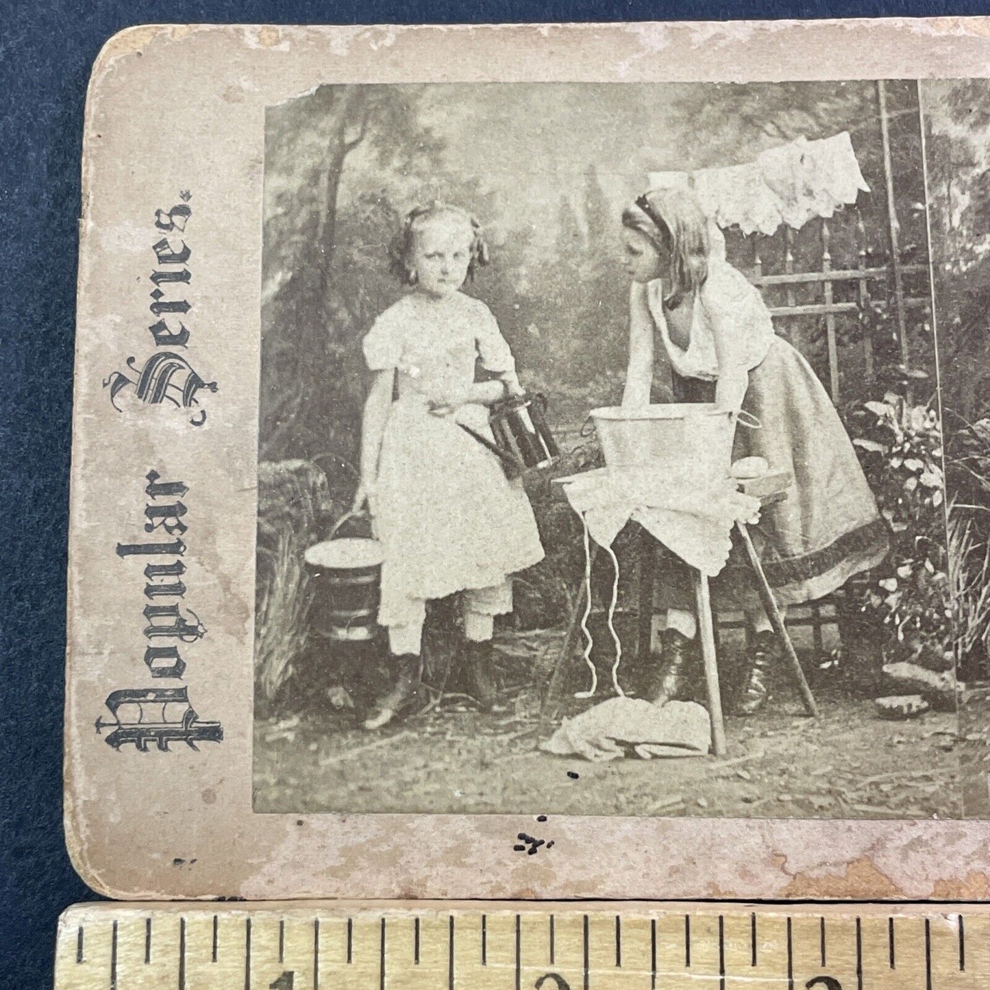 Children Doing Household Chores Stereoview Washing Laundry Antique c1880 X2404