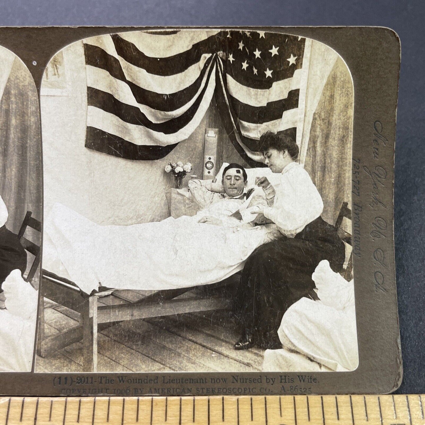 Antique 1906 Wounded US Soldier Sits With Wife Stereoview Photo Card P3112