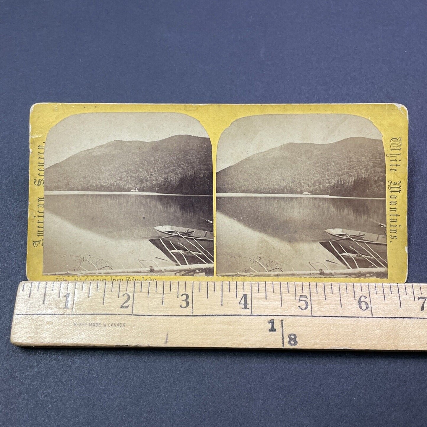 Antique 1870s Echo Lake Boat Launch & Mt Cannon NH Stereoview Photo Card V1907