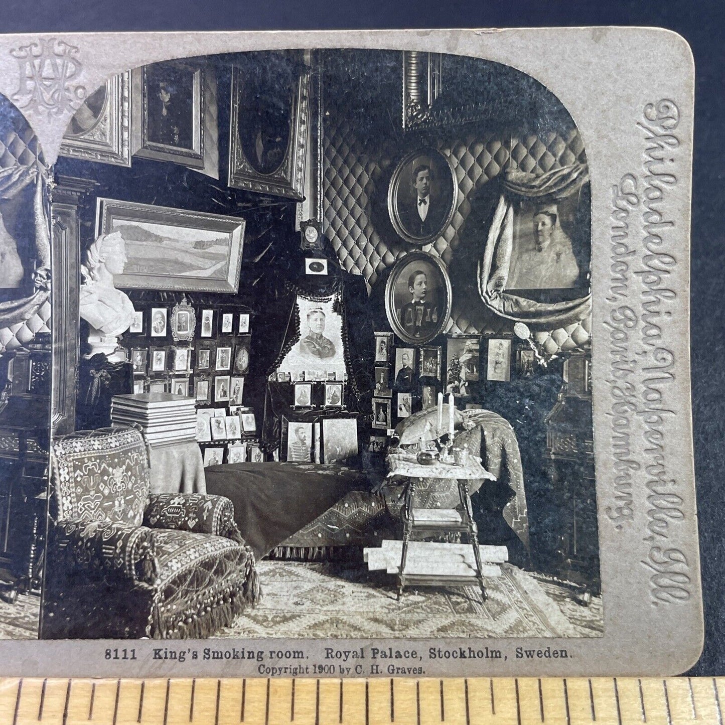 Antique 1900 Kings Smoking Room Stockholm Sweden Stereoview Photo Card P3379