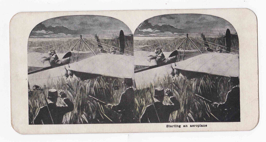 Antique 1913 Starting A Morane-Saulnier G Airplane Aeroplane Stereo Card P327