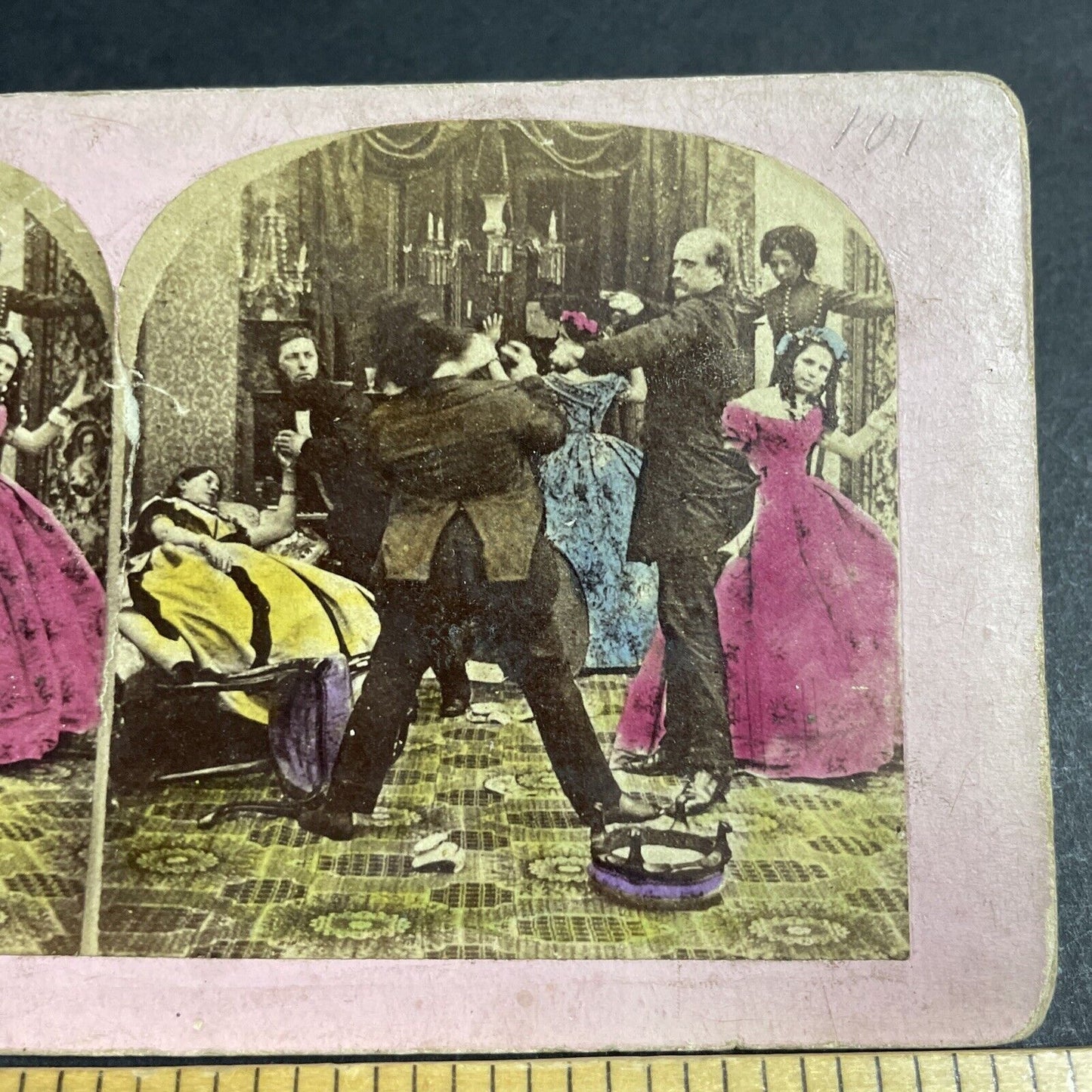 Antique 1860s Man Stabs Intruder In House Stereoview Photo Card P4718