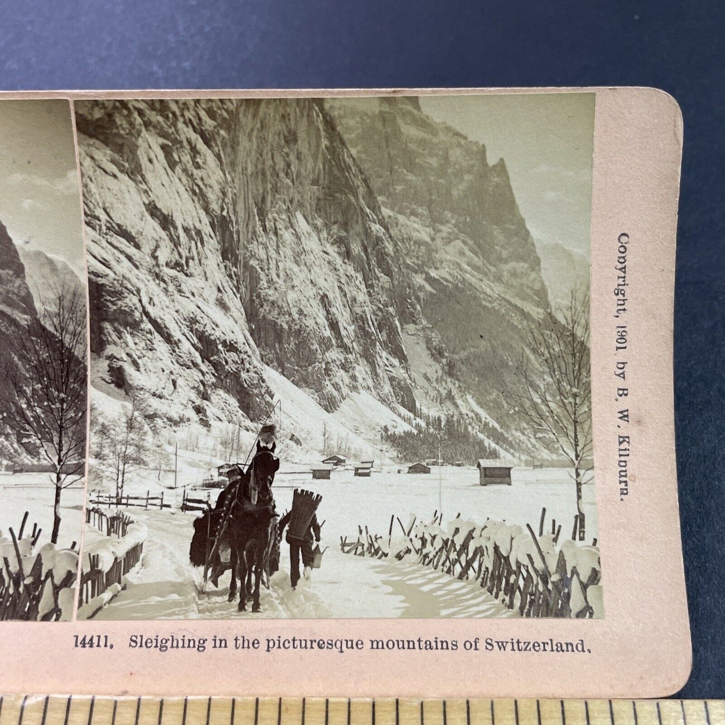 Antique 1901 Winter Sleigh Ride Swiss Alps Stereoview Photo Card P3938