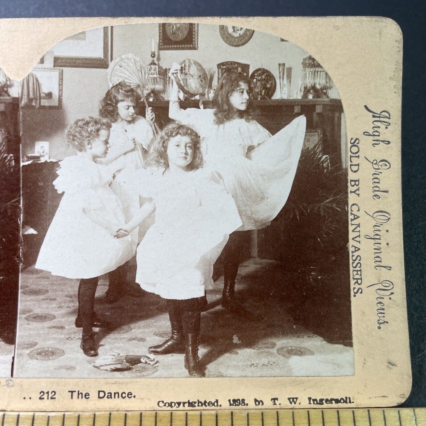 Antique 1898 Girls Dancing In Parlor Room Stereoview Photo Card P3398