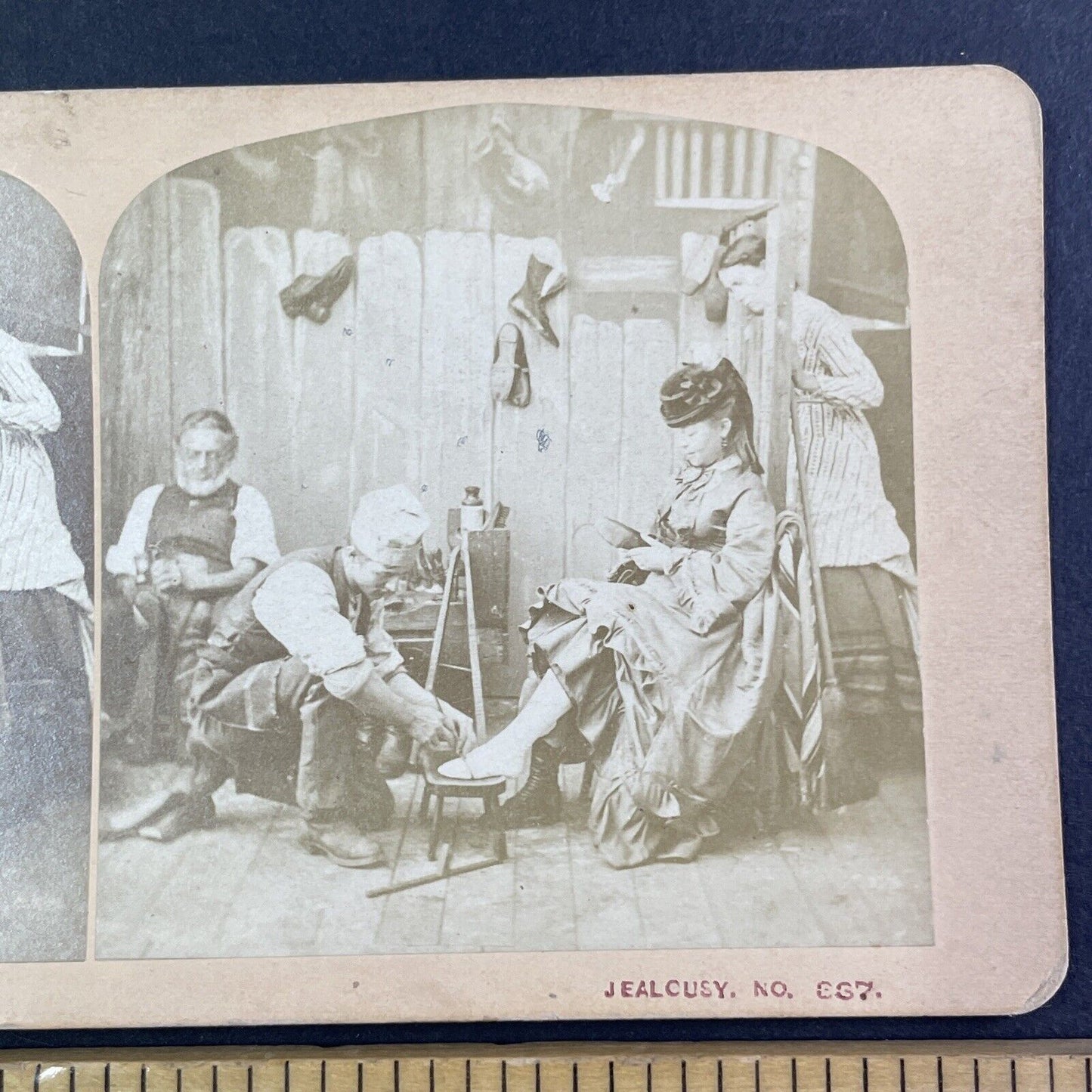 Woman Jealous of Rich Lady at Shoe Store Stereoview F.G. Weller c1871 Y1311