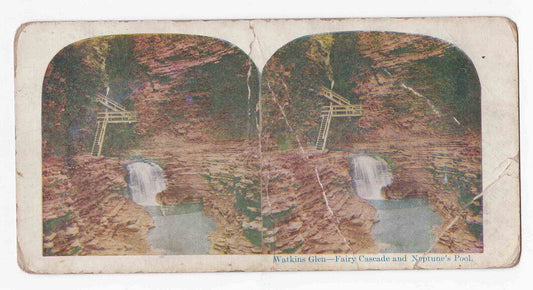 Antique 1880s Watkins Glen New York Fairy Cascade Neptunes Pool Stereo Card P311