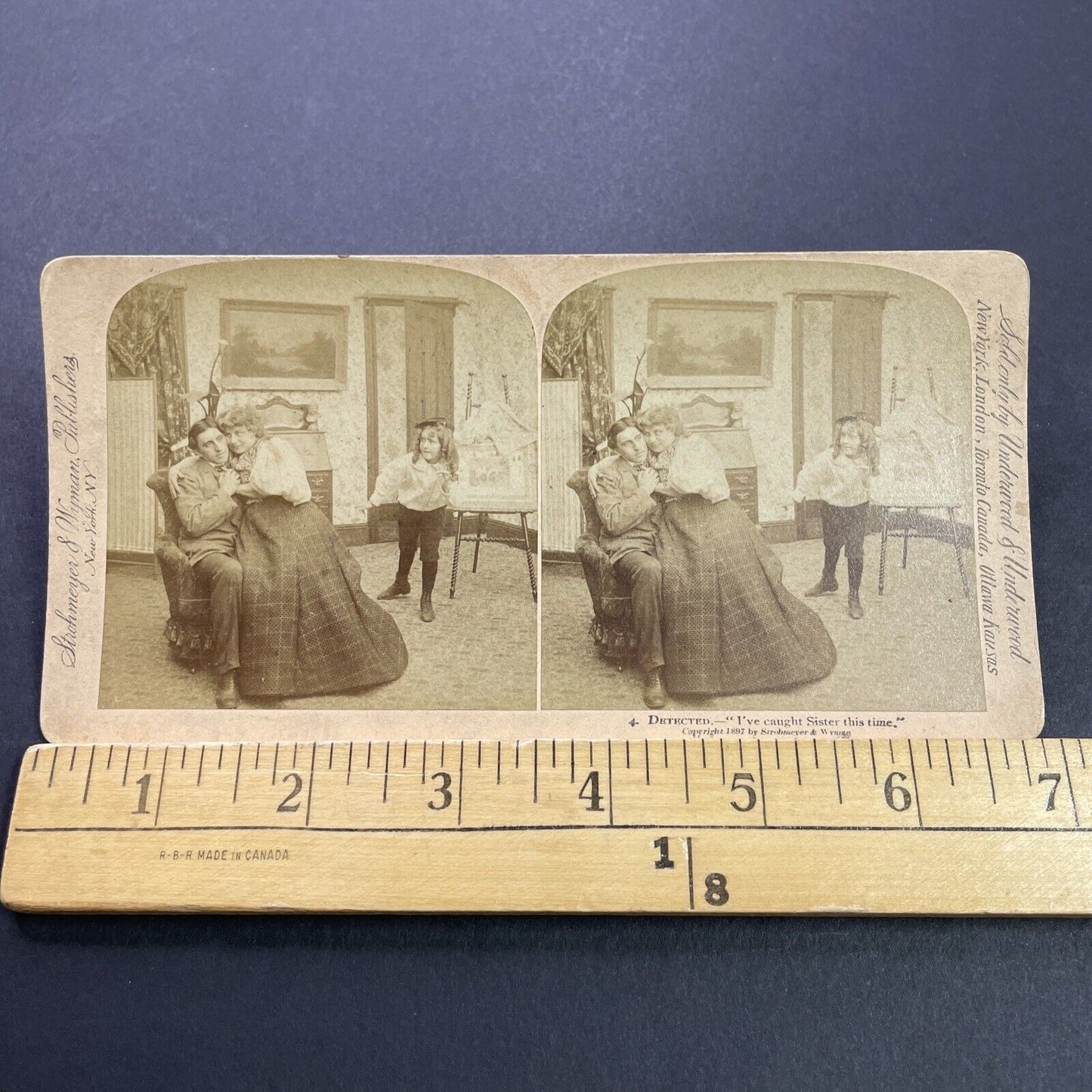 Antique 1897 Girl Catches Older Sister Cuddling Man Stereoview Photo Card P3559