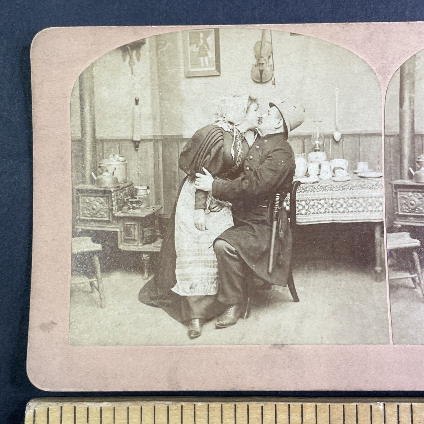 Police Officer Kisses a Woman While Working Stereoview Antique c1899 Y1209