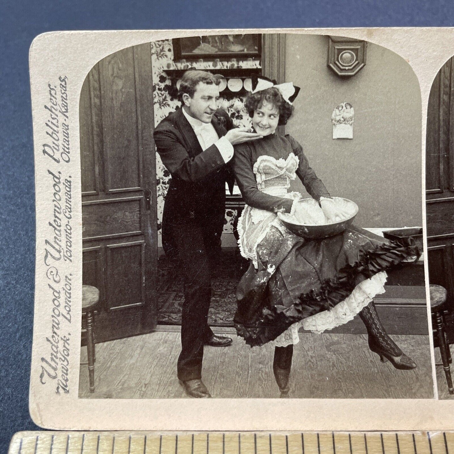 Antique 1900 Man Flirts With His French Cook Maid Stereoview Photo Card V3253