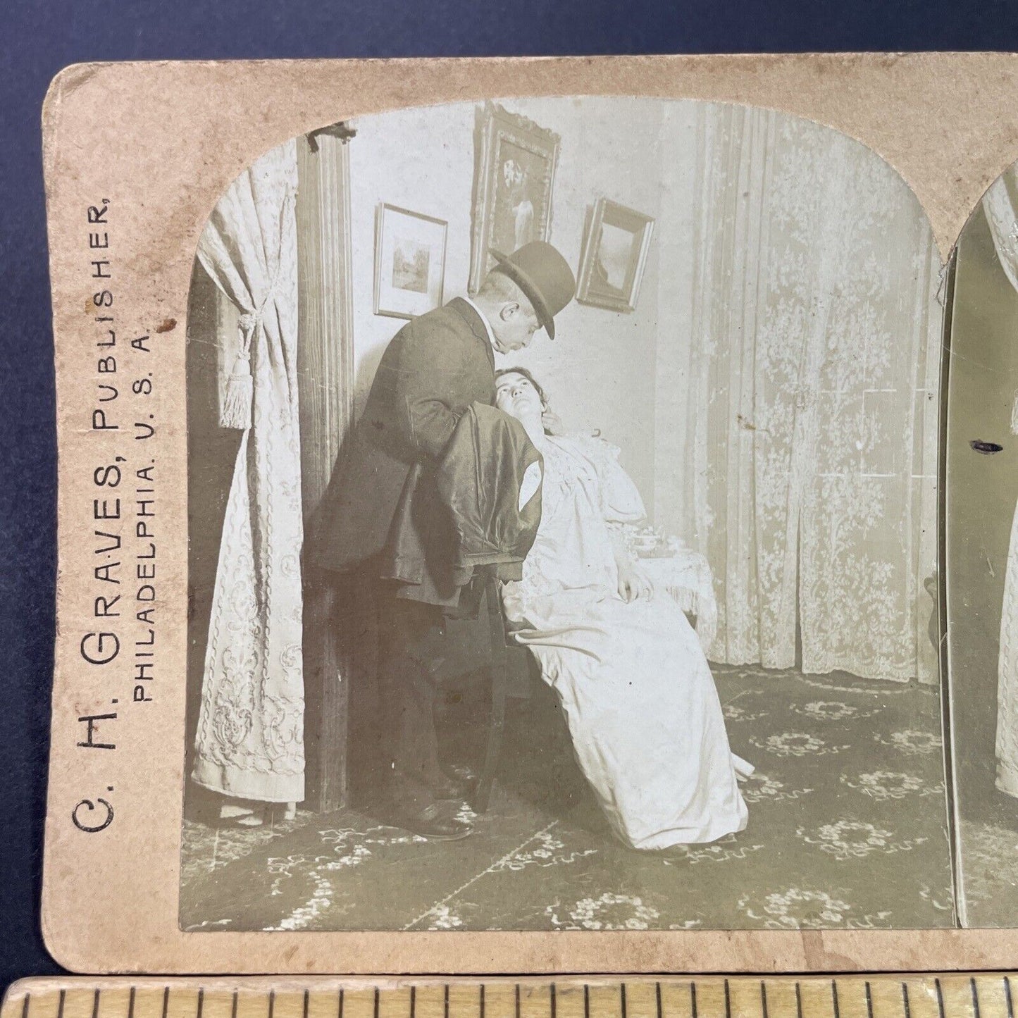 Antique 1897 Business Man Kisses Wife Goodbye Stereoview Photo Card P3422