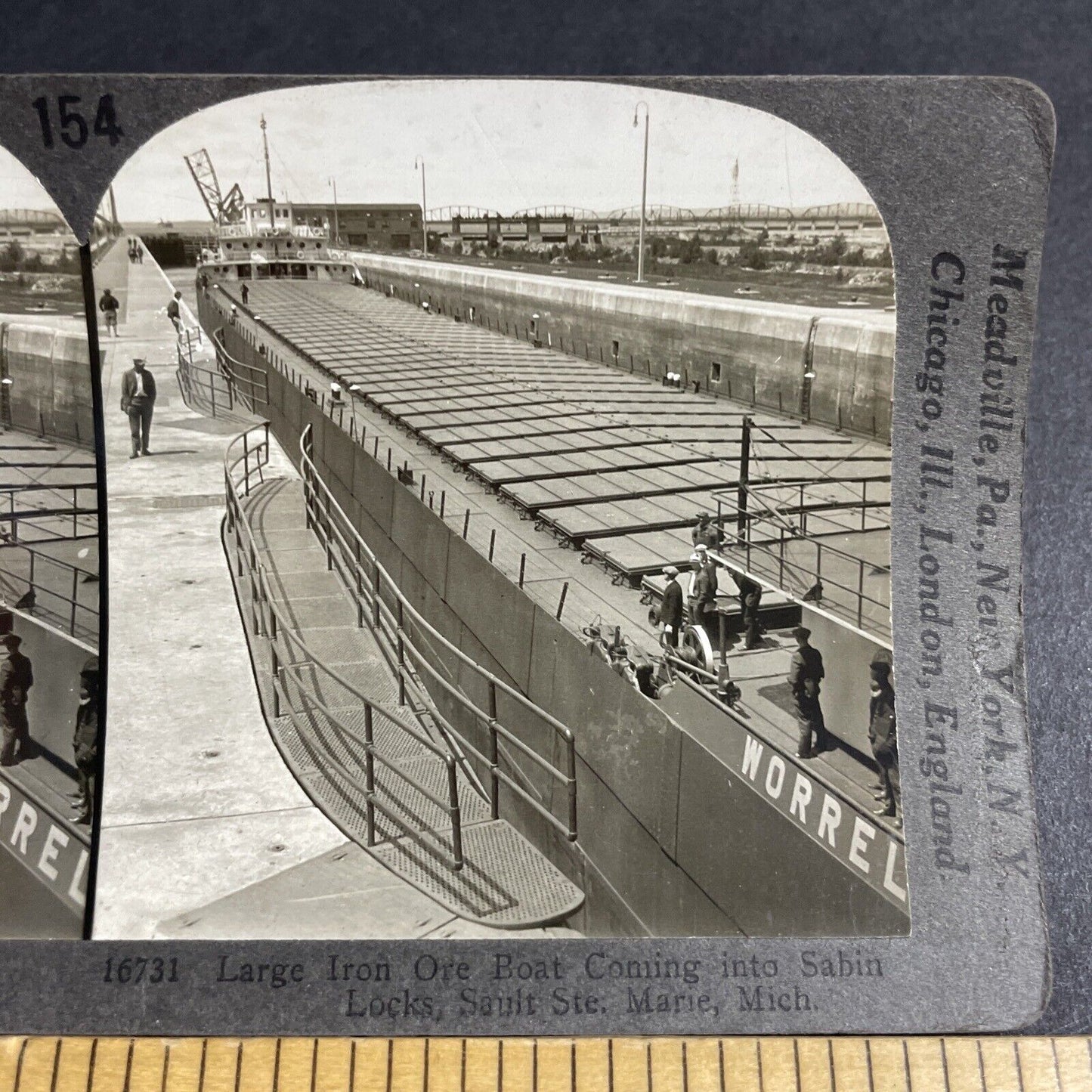 Antique 1920s Clarkson Worrel Ship Sault Ste Marie Stereoview Photo Card P3655