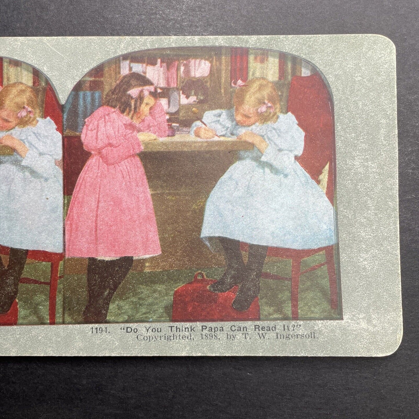 Antique 1898 Children Drawing Art Coloring Writing Stereoview Photo Card P1223