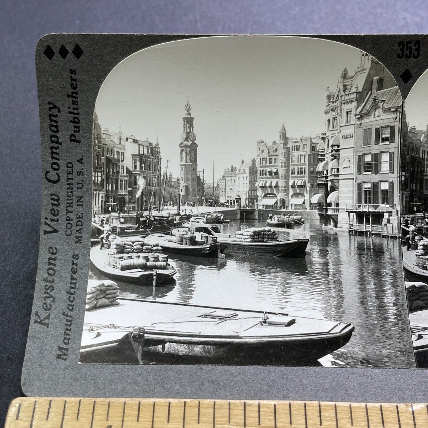 Antique 1930s Amstel Canal Amsterdam Netherlands Stereoview Photo Card V2909