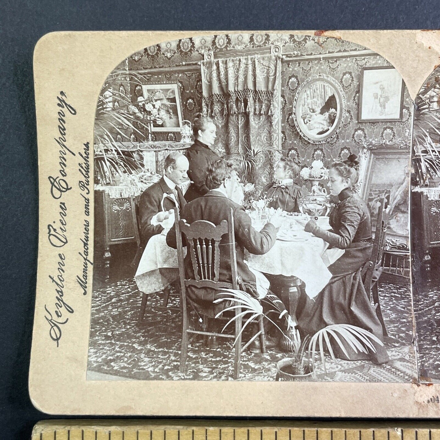 Woman Orders Maid To Bring Food to Table Stereoview Antique c1900 Y1224