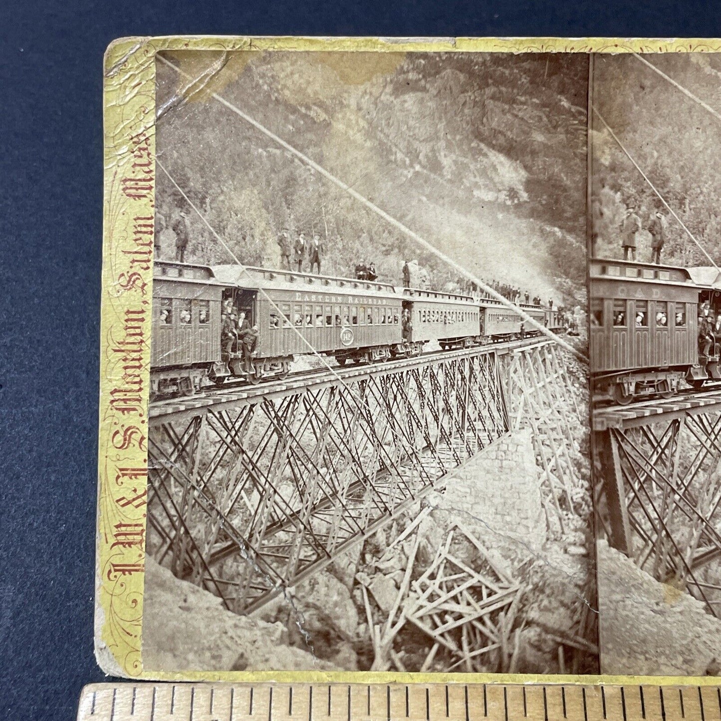 Antique 1870s Men Standing On Train Frankenstein NH Stereoview Photo Card V1839