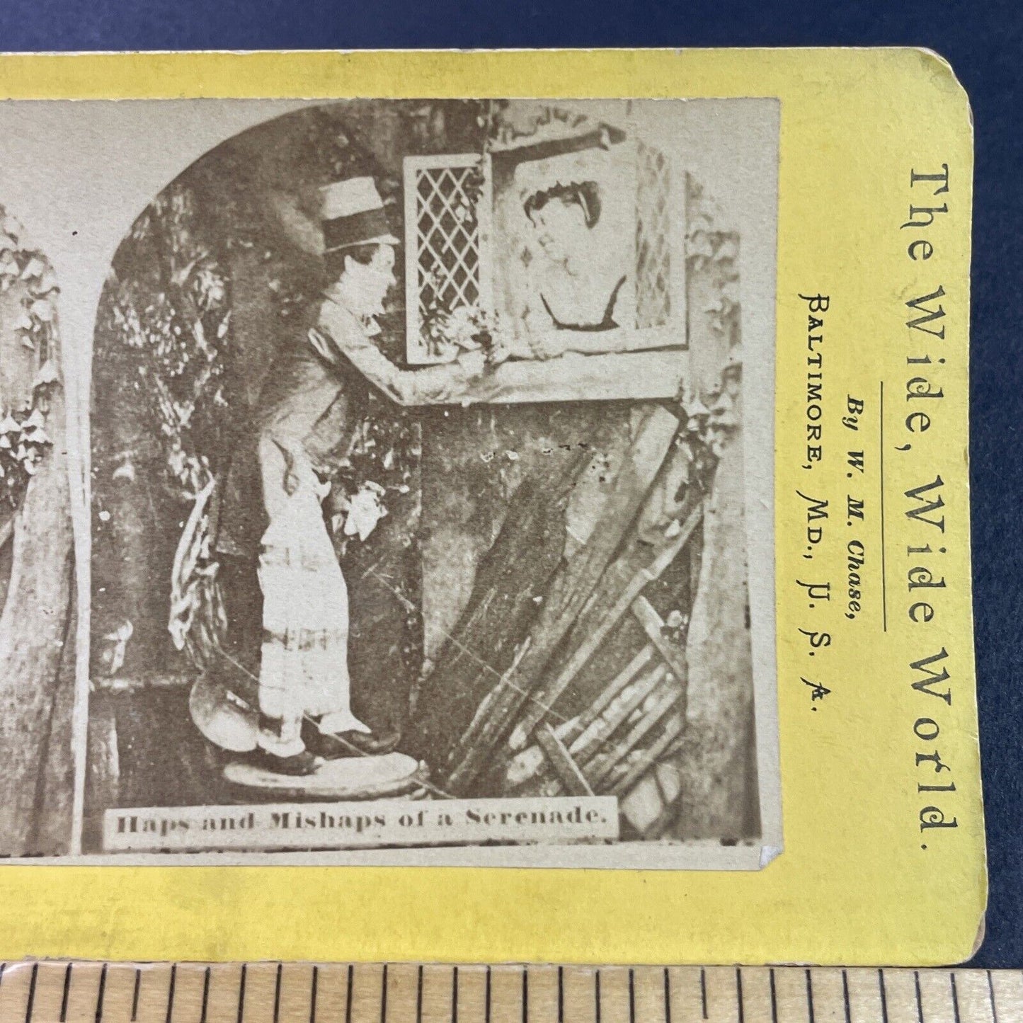 Antique 1870s Man Flirts With Woman Through Window Stereoview Photo Card P3444