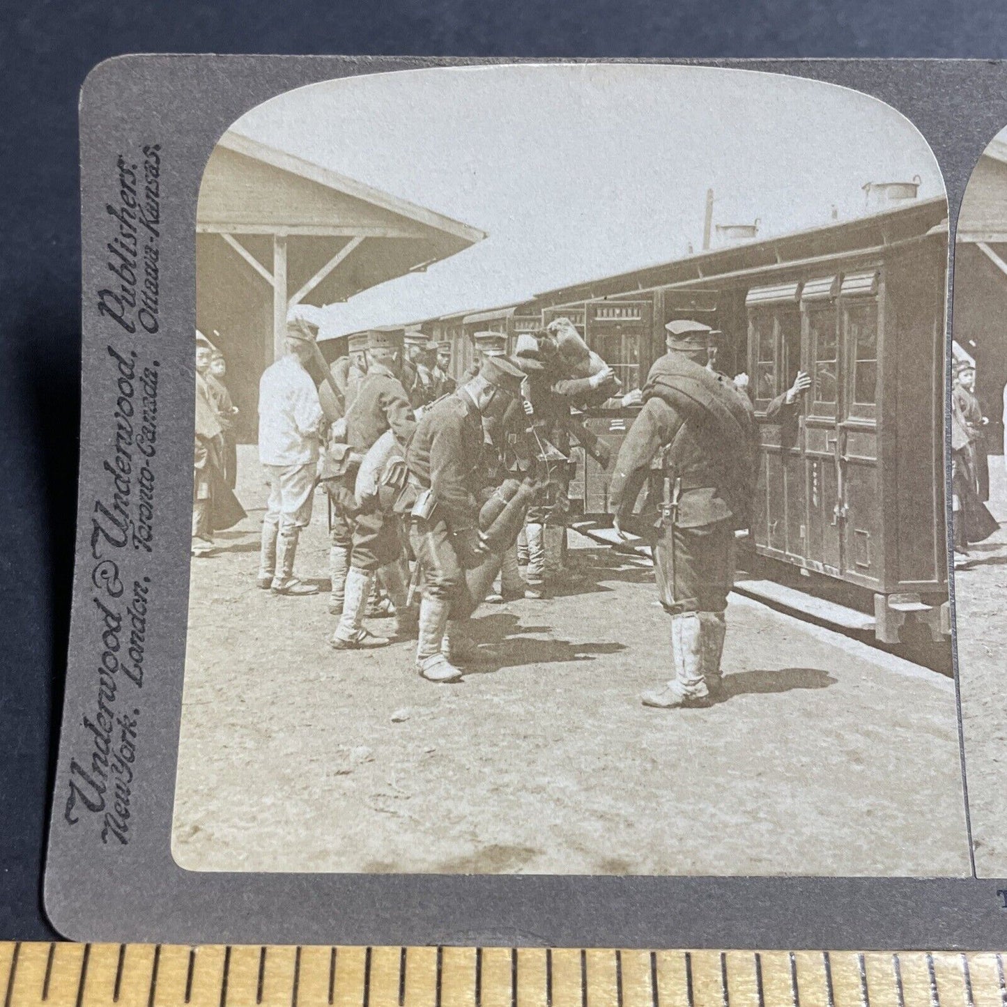 Antique 1904 Japanese Soldier Troop Train Rail Stereoview Photo Card P5604