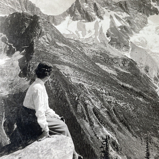 Antique 1909 Woman Atop A Mountain BC Canada Stereoview Photo Card P1018