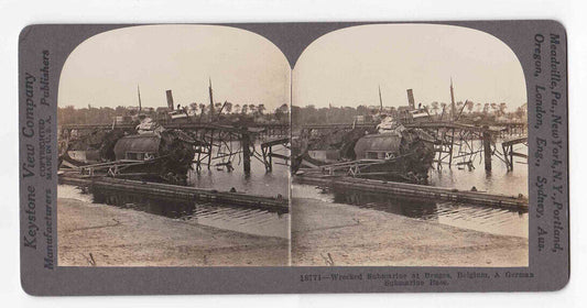 1918 Destroyed German U-Boat Submarine WWI In Bruges Belgium Stereo Card P377