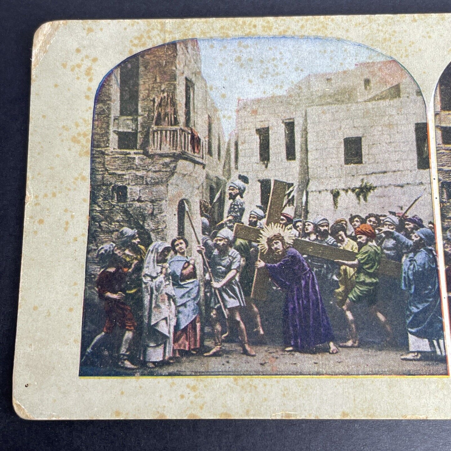 Antique 1902 Followers Help Christ Carry The Cross Stereoview Photo Card P1072