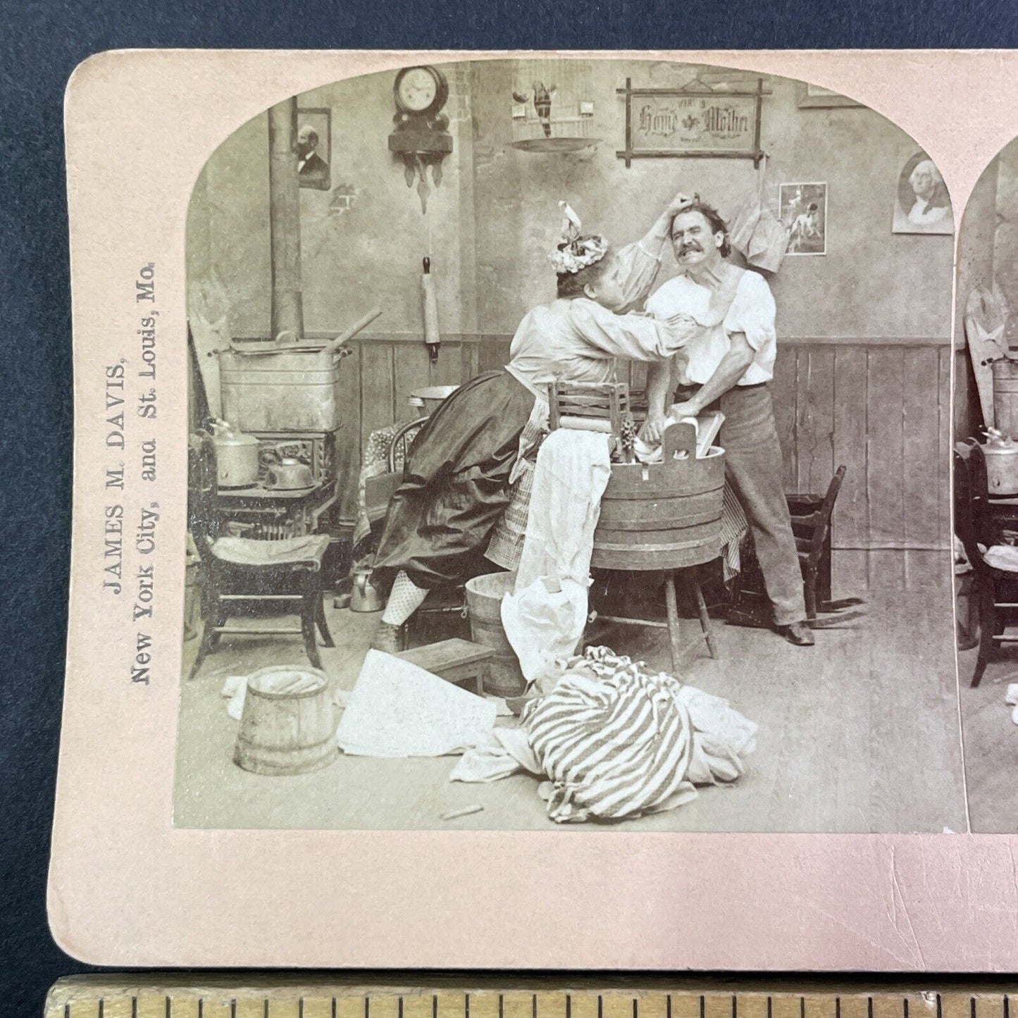 Woman Forces Man to Wash his own Clothes Stereoview c1897 Y1713