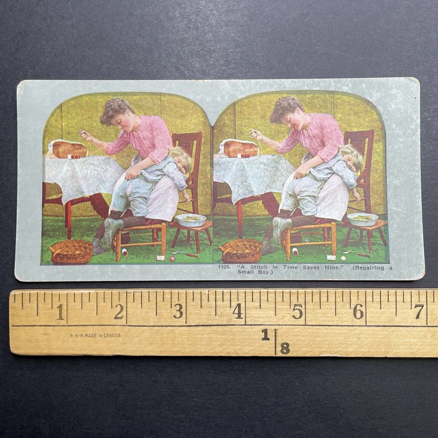 Antique 1892 Mother Sewing A Boy's Ripped Pants Stereoview Photo Card P1231
