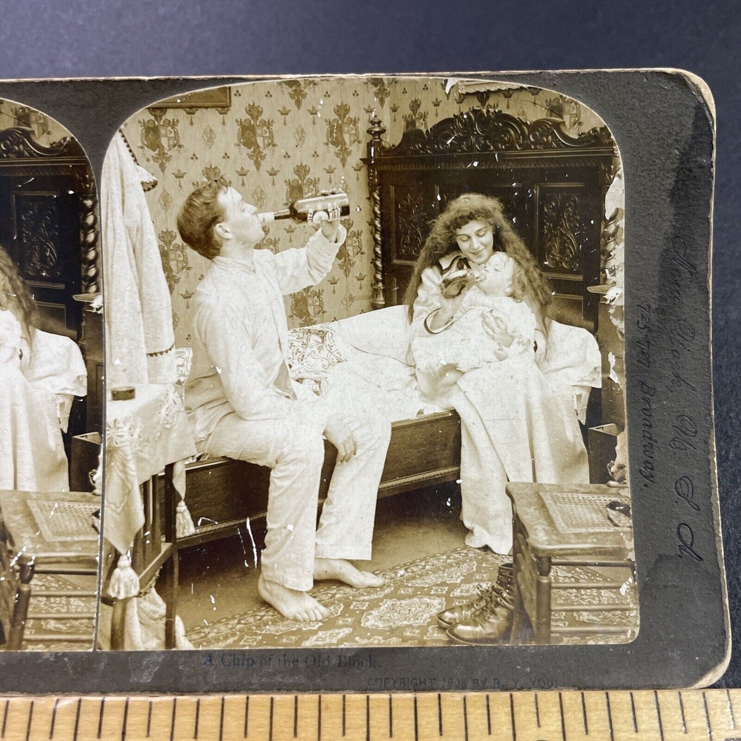 Antique 1903 Man Gets Drunk While Wife Feeds Baby Stereoview Photo Card P3996