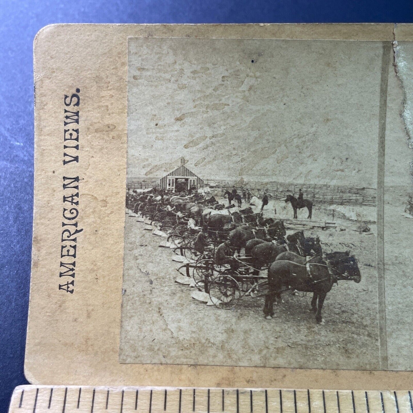 Antique 1860s Starling Sulky Plow Horsemen Stereoview Card DAMAGED P3311