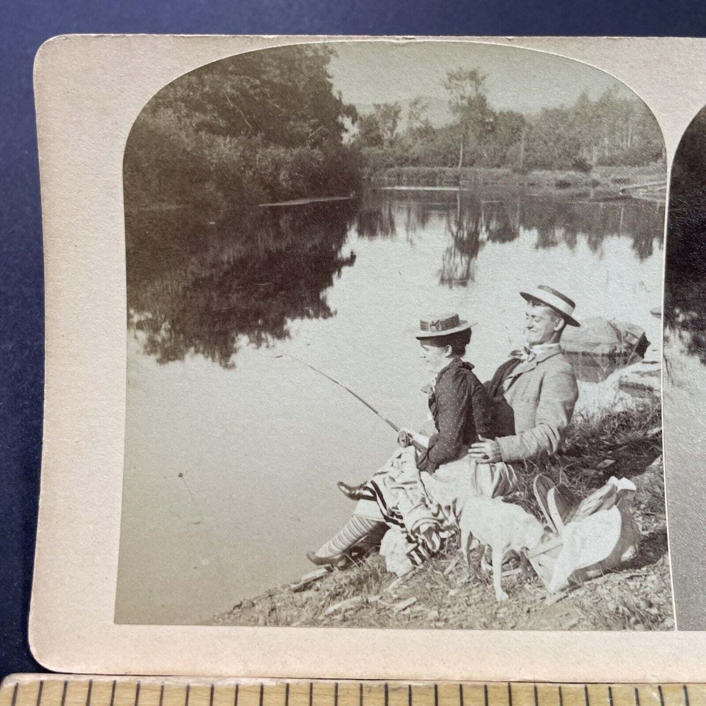 Antique 1890s Man Pulls Womans Dress While Fishing Stereoview Photo Card P3995