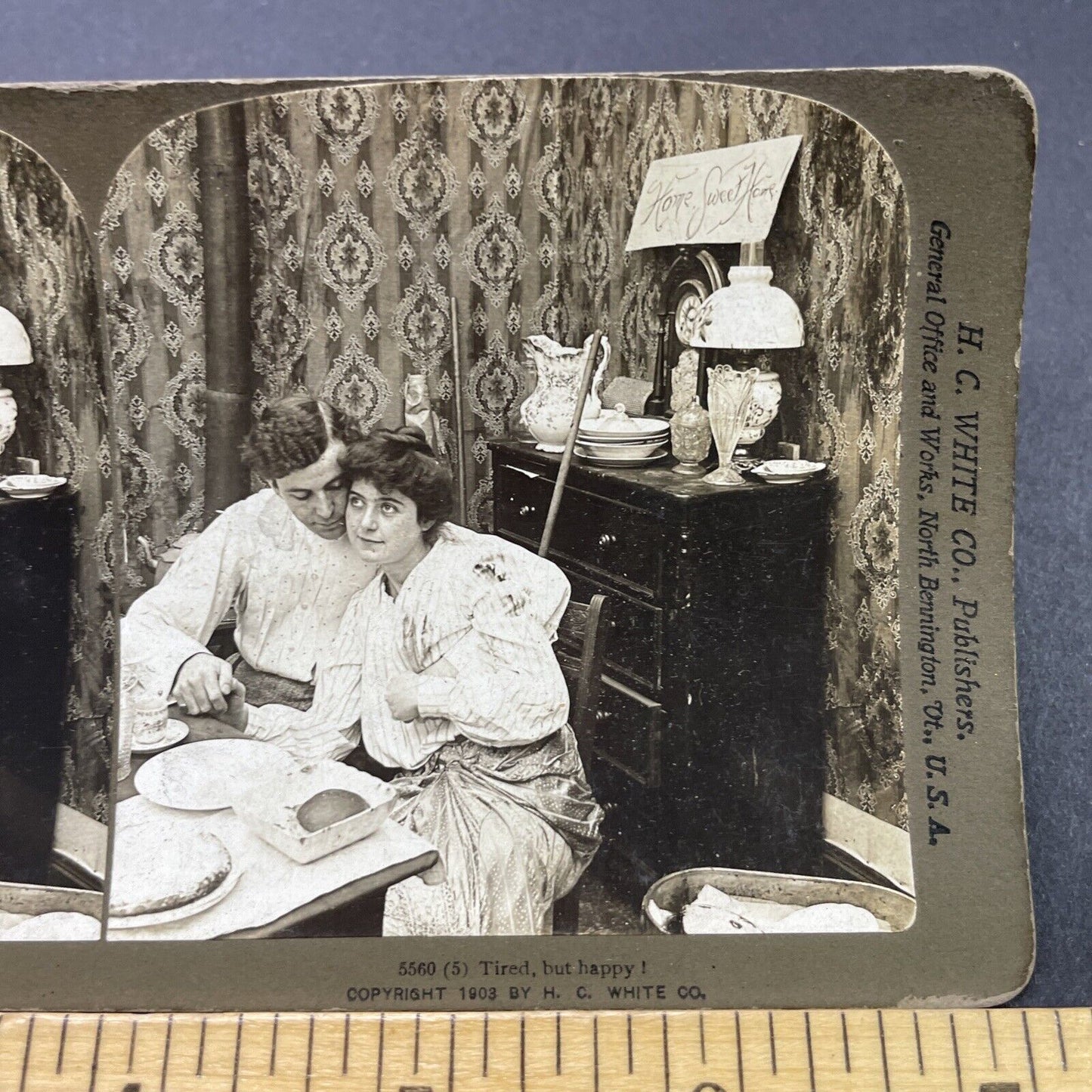 Antique 1903 Man And Woman Cuddle At Dinner Stereoview Photo Card P2647