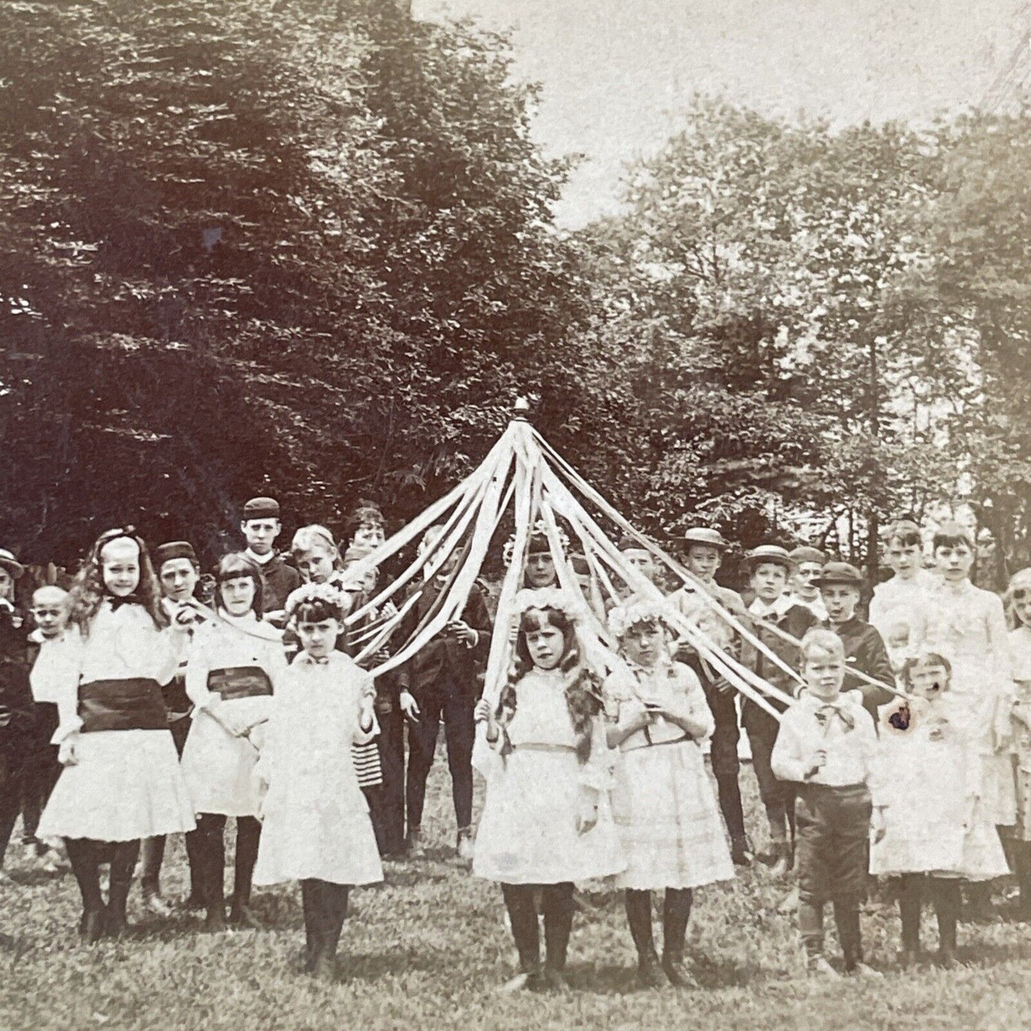 Girls Maypole Dance Boys with Baseball Equipment Stereoview Antique c1886 X4095