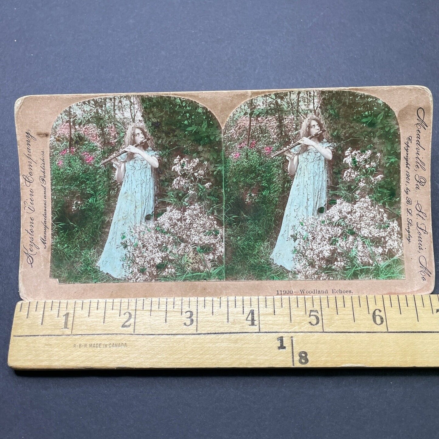 Antique 1901 A Maiden Plays The Flute In Nightgown Stereoview Photo Card P2617