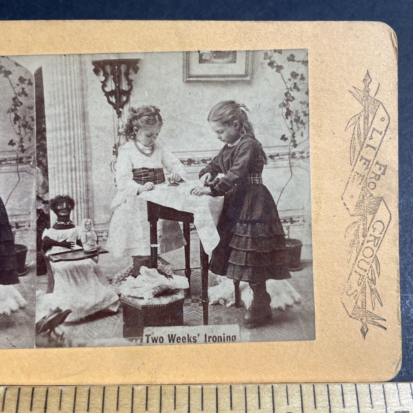 Antique 1870s Wealthy Children Ironing Doll Clothes Stereoview Photo Card P4627
