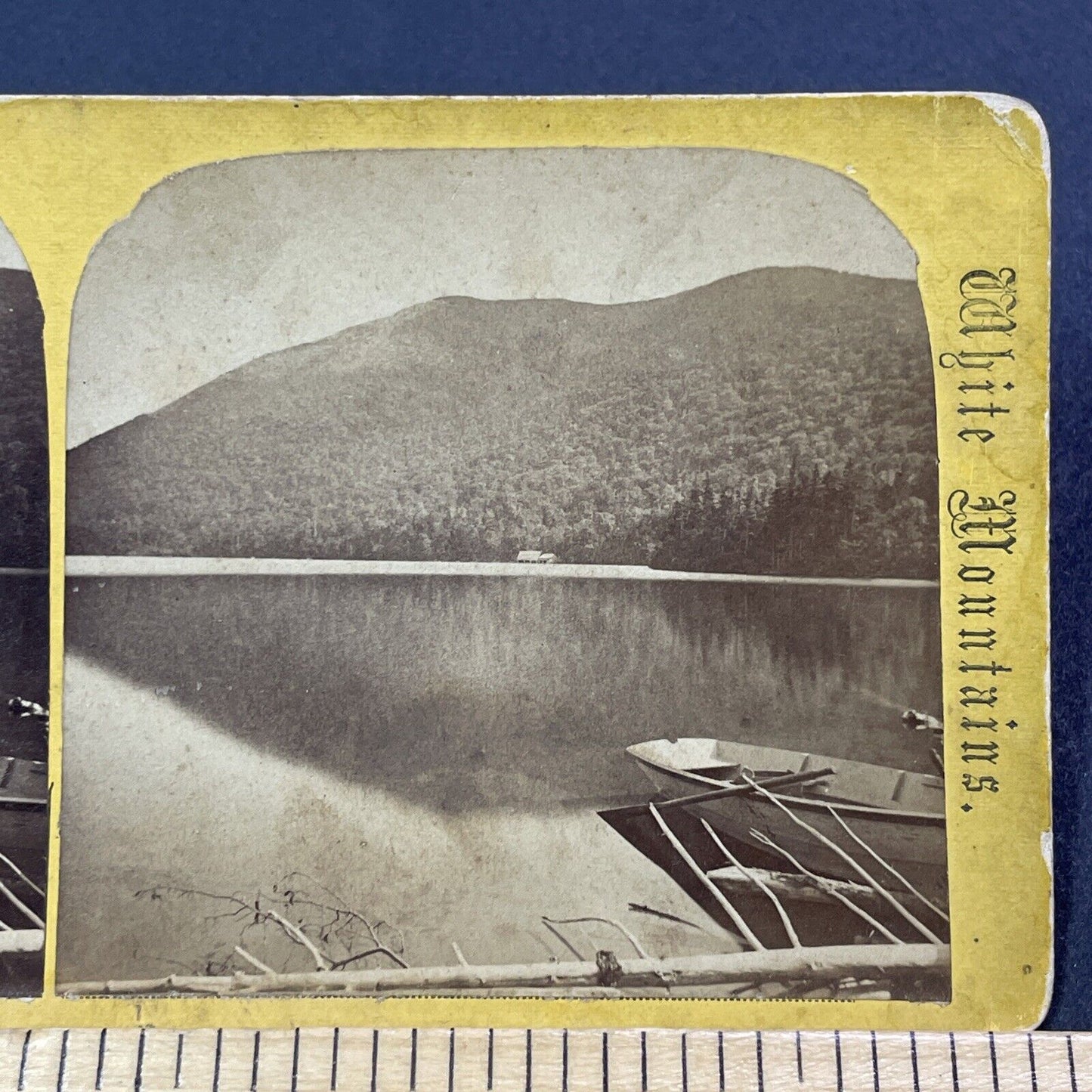 Antique 1870s Echo Lake Boat Launch & Mt Cannon NH Stereoview Photo Card V1907