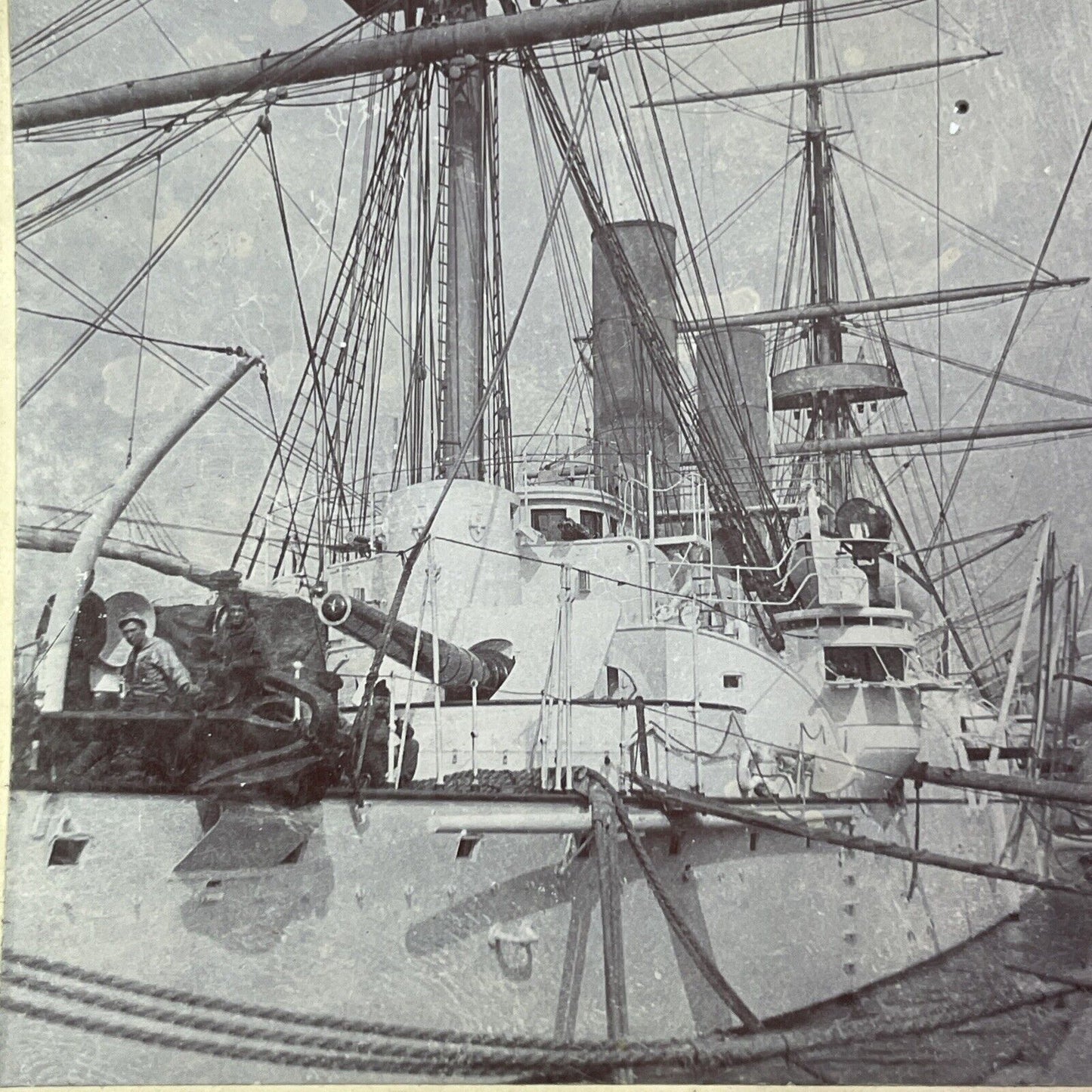 USS Boston Armored Gunboat Ship Stereoview Brooklyn Navy Yard c1890s Y3023